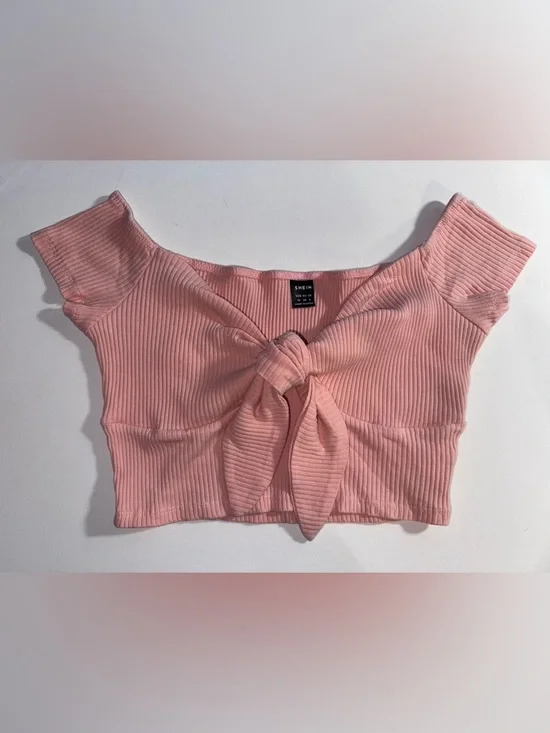 SHEIN Rose Pink Off-Shoulder Tie-Front Ribbed Crop Top - Picture 2 of 4